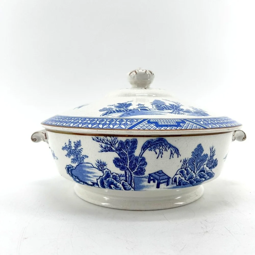 Booths Silicon China Blue Willow Tureen Serving Bowl England Pagoda Pattern